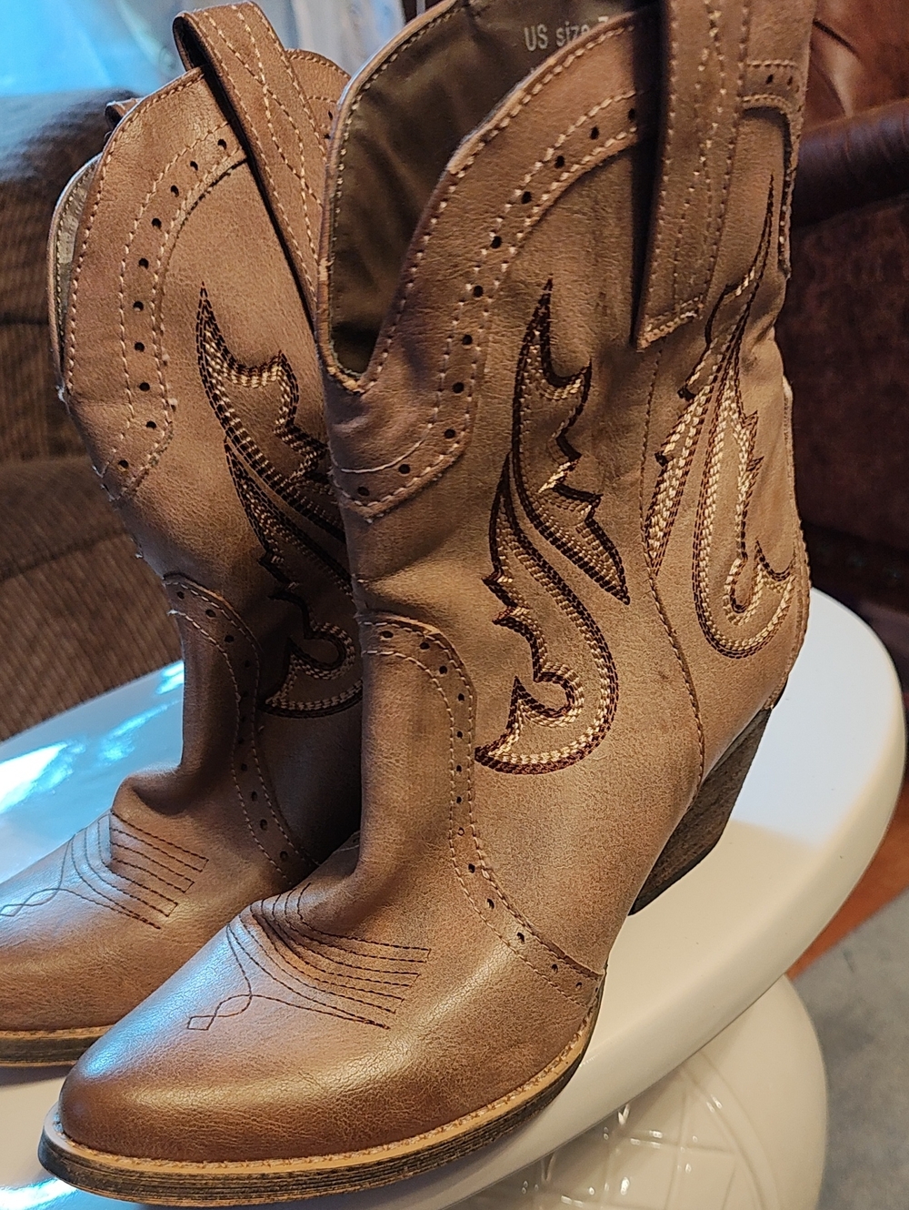 Very Volatile Tan Western Ankle Boots with Embroidered Detail
